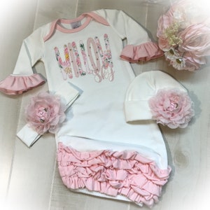 Personalized Newborn Girl Coming Home Gown, Monogrammed Baby Outfit