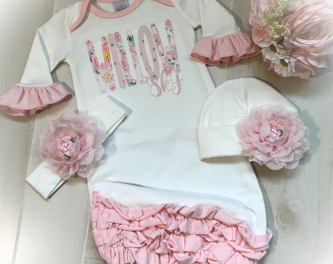 Personalized Newborn Girl Coming Home Gown, Monogrammed Baby Outfit