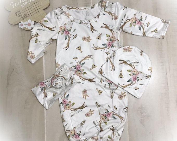 Baby Girl Tribal Layette Set, Newborn Gown, Hat, Headband (3pc), Western Baby Gown