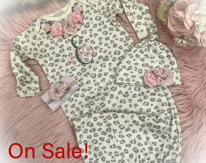 Newborn Girl Personalized Coming Home Outfit, Pink Leopard Baby Gown