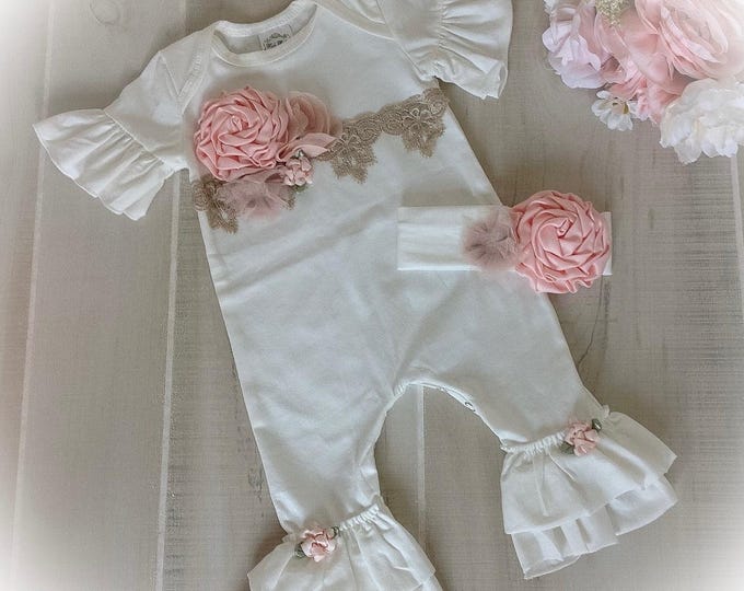 Baby Girl Ruffle Romper, Peach Newborn Take Home Outfit