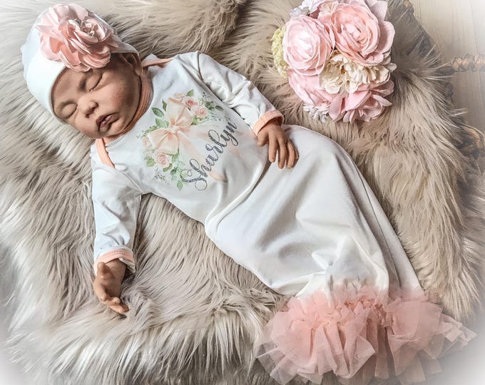 Personalized Peach Bow Newborn Gown, Baby Lace Coming Home Outfit