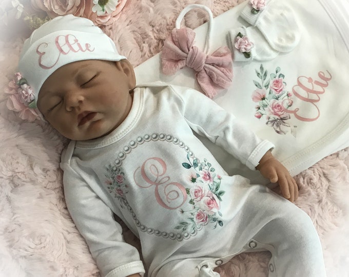 Personalized Newborn Girl Coming Home Outfit, Personalized Baby Romper, Take Home Outfit