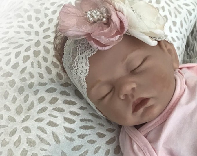 Newborn Girl Floral Headband, Baby Shower Gift, Large Flower and Lace Headband, Baby Girl Lace Headband