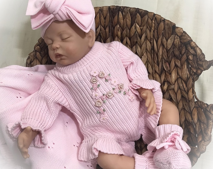 Newborn Personalized Knit Romper Coming Home Outfit, Baby Girl Pink Ruffle Hospital Outfit,Baby Shower Gift