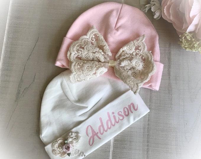 Personalized Newborn Girl Hat Set, Unique Baby Gift, Baby Hospital Hat, Baby ShowerGift