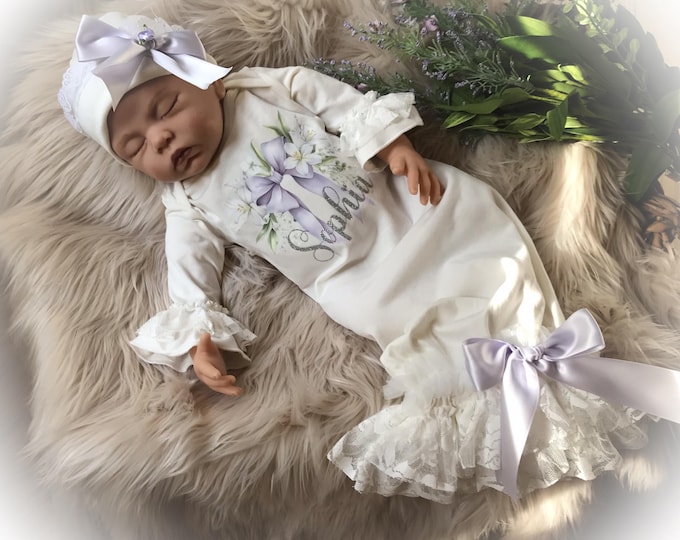 Personalized Lavender Lace Newborn Gown, Baby Coming Home Outfit