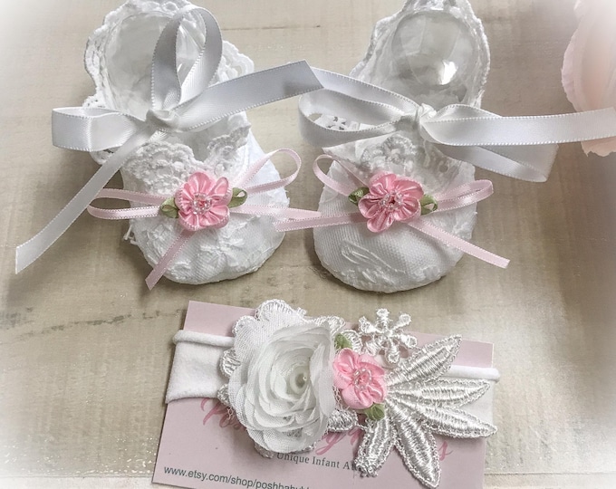 Newborn Booties Headband Set,Lace Crib Shoes, New Baby Coming Home Gift