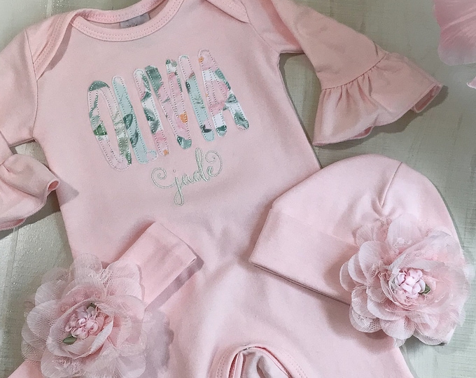 Personalized Newborn Girl Coming Home Romper, Monogrammed Baby Outfit