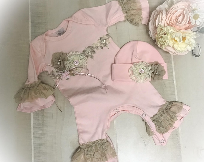 Newborn Girl Coming Home Gift, Pink Lace Ruffle Romper, Baby Girl Take Home Romper