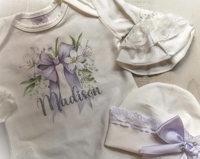Newborn Personalized Girl Coming Home Gift, Baby Girl Lace Bow Romper