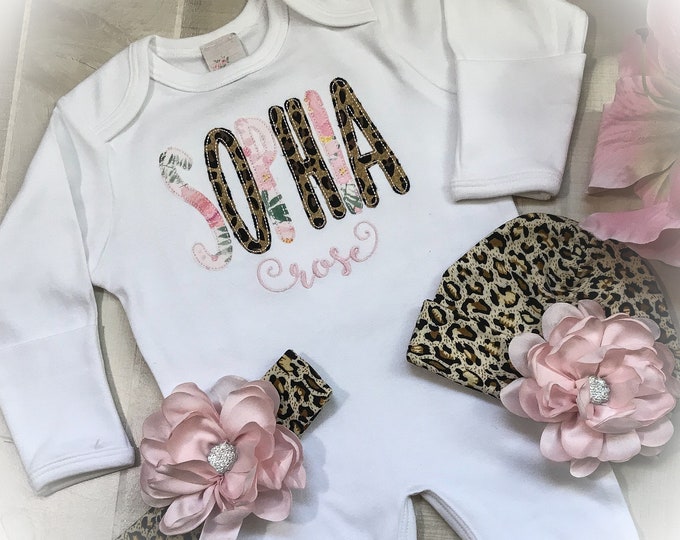 Personalized Newborn Girl Romper, Baby Girl Leopard Embroidered Romper