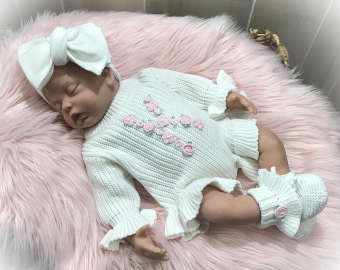 Personalized Knit Sweater Romper, Coming Home Outfit, Baby Girl  Ruffle Hospital Outfit,Baby Shower Gift