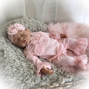 Newborn Girl Coming Home Gift, Pink Lace Ruffle Romper, Baby Girl Take Home Romper