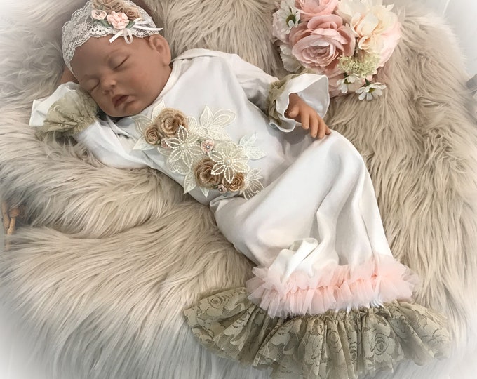 Newborn Girl Take Home Outfit, Lace Victorian Baby Gown, Unique Baby Coming Home Gown