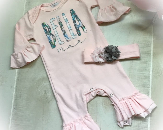 Personalized Newborn Girl Coming Home Romper, Monogrammed Baby Outfit