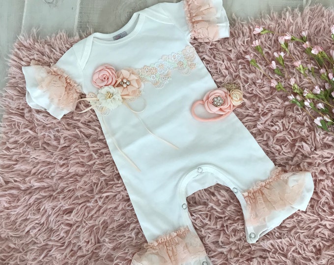 Newborn Girl Coming Home Ruffle Romper Peach Flowers