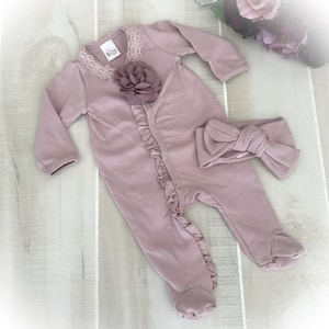 Handmade Mauve Footed Romper: Ruffle Side Snap, Flower Headband