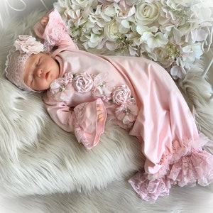 Newborn Girl Take Home Outfit, New Baby Gift, Pink Lace Bring Home Gown