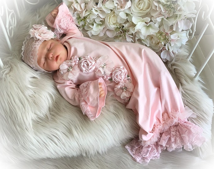 Newborn Girl Take Home Outfit, New Baby Gift, Pink Lace Bring Home Gown