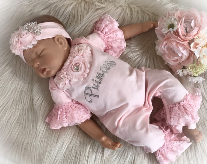 Newborn Girl Coming Home Outfit, Pink Princess Ruffle Romper, Baby Girl Take Home Romper