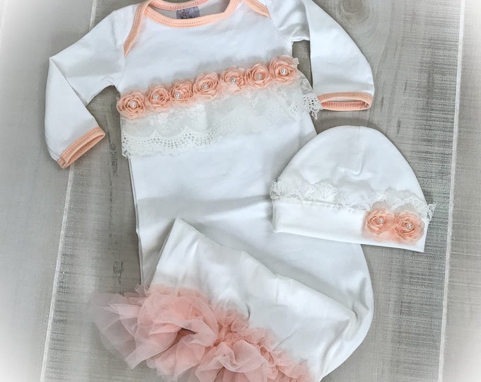 Newborn Girl Gown, Ivory Cotton Spandex, Peach Tulle, Lace Flower Trim, Matching Hat