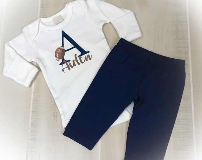 Baby Boy Personalized Football Outfit, New Baby Boy Gift, Boy Pant and Romper set