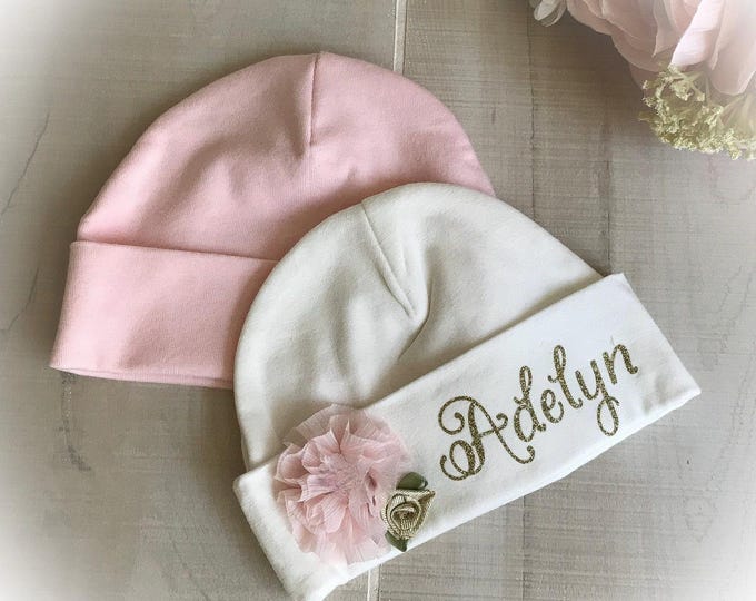 Personalized Newborn Girl Hat Set, Baby Shower Gift
