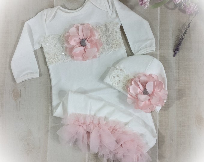 Newborn Girl Take Home Outfit, Ivory Layette Gown Cap with Blush Flowers, Newborn Gown