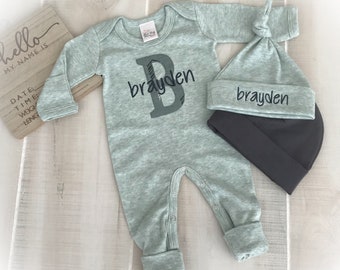 Personalized Baby Coming Home Outfit for Boy, Sage Green Monogram Baby Outfit, Personalized Infant Boy Gift