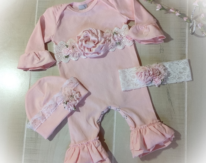 Newborn Girl Coming Home, Pink Baby Girl Ruffle Romper, Unique Baby Take Home, Newborn Layette