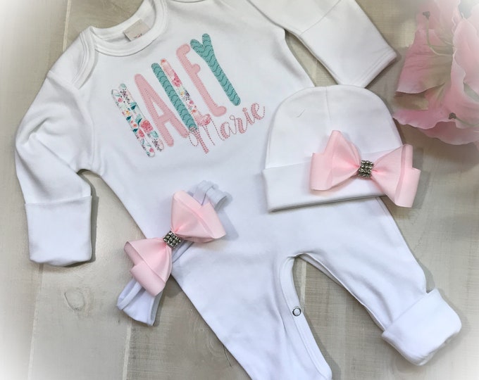Personalized Newborn Footed Romper, Baby Girl Monogrammed Outfit