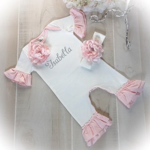 Personalized Baby Girl Coming Home Outfit, Newborn Ruffle Romper, Baby Girl Take Home Romper
