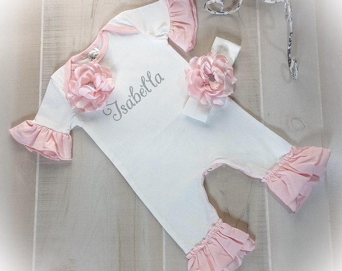 Personalized Baby Girl Coming Home Outfit, Newborn Ruffle Romper, Baby Girl Take Home Romper