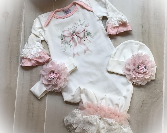 Personalized Pink Bow Newborn Gown, Baby Lace Coming Home Outfit