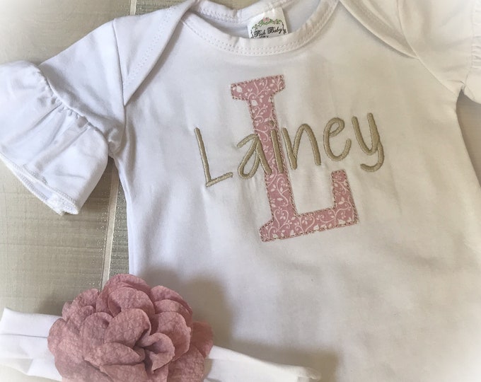 Newborn Girl Coming Home Gift, Personalized White and Rose Baby Girl Romper