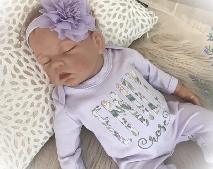 Lavender Newborn Girl Coming Home Gift, Personalized Baby Girl Romper