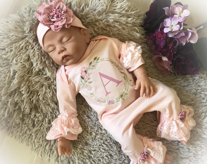 Personalized Coming Home Romper for Baby Girl, Pink Ruffle Lace Romper