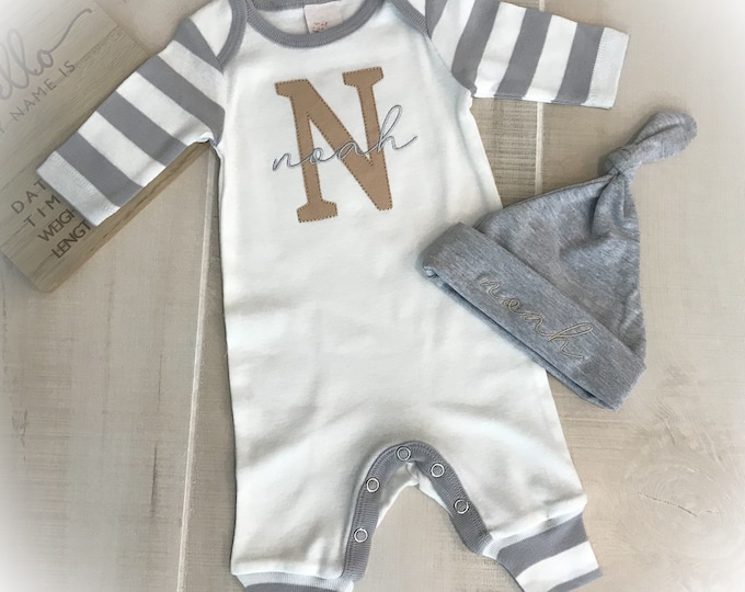 Sample Sale, Newborn Boys Romper and Hat with the name Noah on it