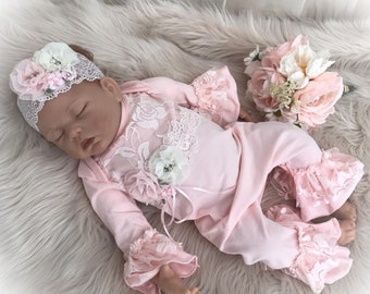 Newborn Girl Coming Home Outfit, Pink Lace Ruffle Romper, Baby Girl Take  Home Romper 