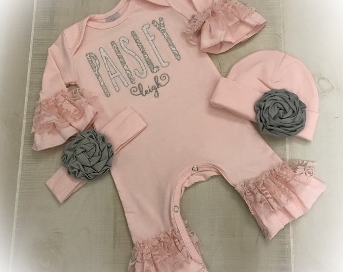 Newborn Girl Personalized Coming Home Outfit, Pink Ruffle Romper, Baby Girl Take Home Romper