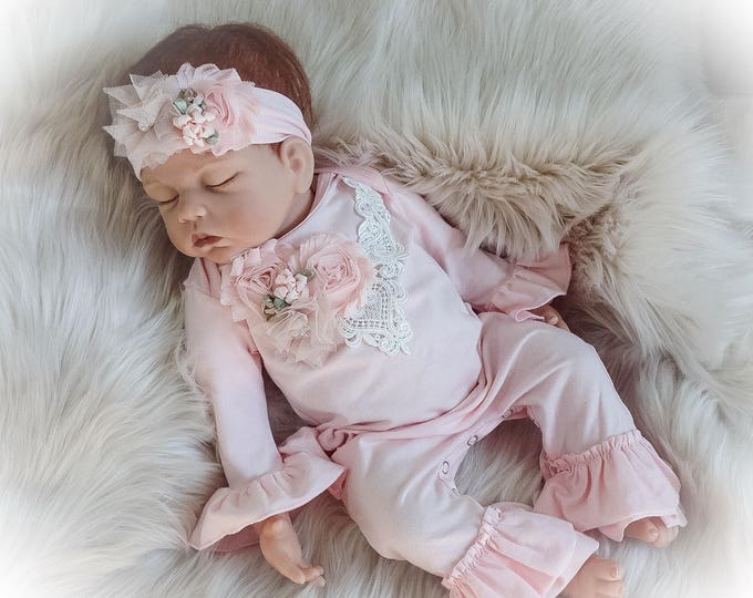 Newborn Girl Coming Home Outfit, Baby Girl Clothes, Victorian Baby Outfit, Pink and Ivory Newborn Ruffle Romper