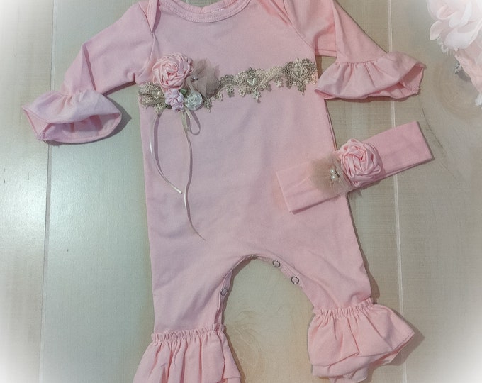 Newborn Girl Coming Home Outfit, Newborn Girl Take Home, Pink Newborn Ruffle Romper, Newborn Photo Outfit