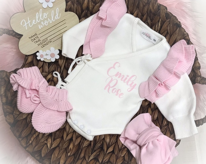 Personalized Baby Girl Gift, Newborn Knit Ruffle Romper Customized, Coming Home Outfit