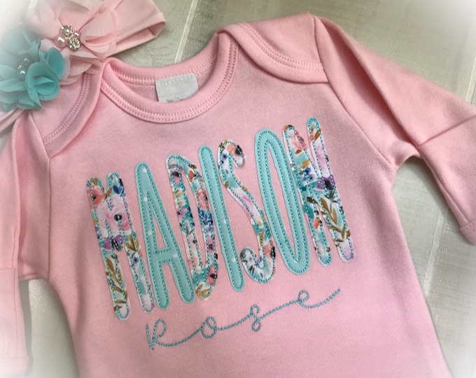 Personalized Newborn Footed Romper, Embroidered Baby Girl Romper