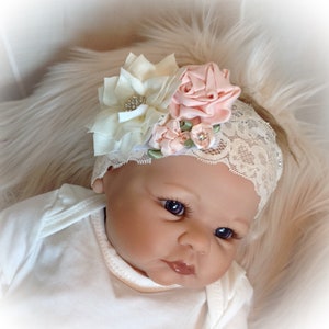 Victorian Baby Girl Headband: Lace, Peach Flowers, Rhinestones