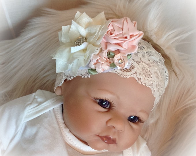 Newborn Girl Headband, Victorian Baby Headband, Baby Shower Gift, Flower Headband, Baby Girl Lace Headband