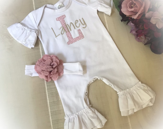 SAMPLE Sale, Girls Romper and headband with the name Lainey