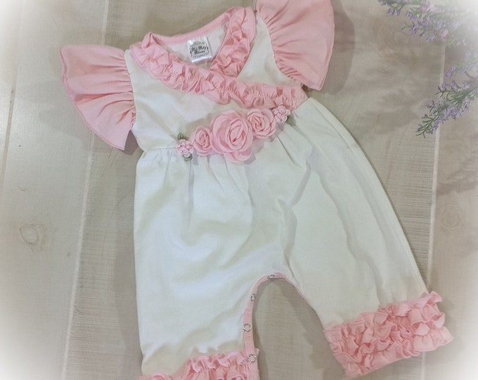 Newborn Girl Coming Home Outfit, Ivory and Pink Newborn Ruffle Romper, Baby Girl Outfit