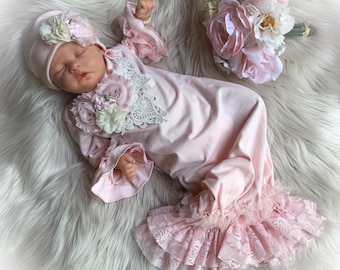 Pink Lace Newborn Gown, Baby Girl Coming Home Outfit, Hand-Made Chiffon Flower Detail